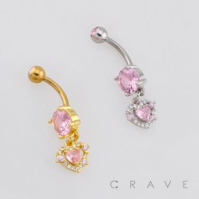 DANGLE MULTI CZ HEART BELLY NAVEL RING 316L SURGICAL STEEL